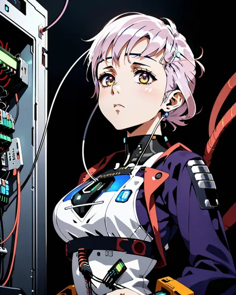 a woman in a cyberpunk setting, embracing futuristic aesthetics,  (((((cable, power connection))))), cybernetics charging, electrical panel,  cable plug in, expressionless,
masterpiece, best quality, intricate detail,   <lora:contrast_slider_v10:2.5>  anim...