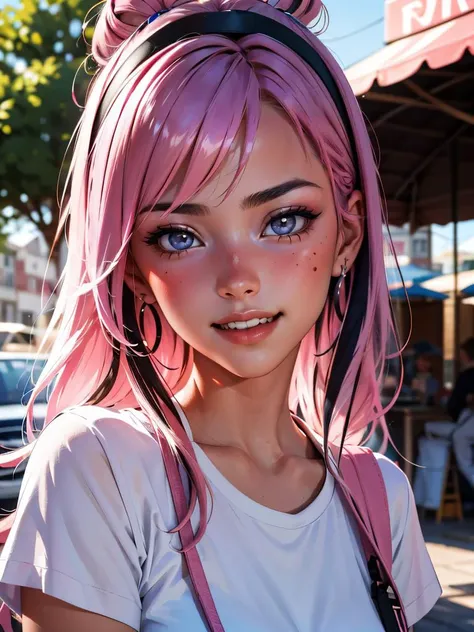 a close up of a person with pink hair and a backpack