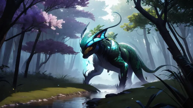 a close up of a dragon in a forest near a stream