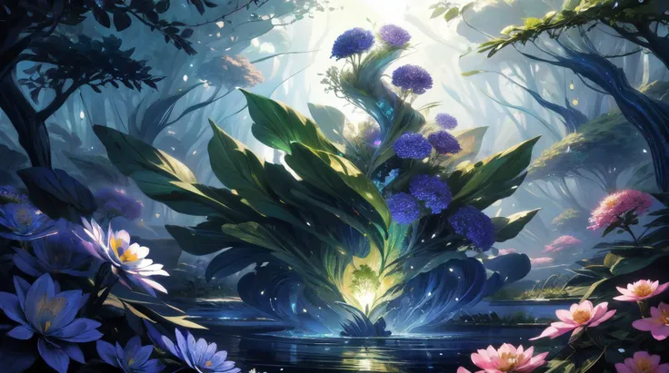 there is a painting of a flower arrangement in the middle of a pond