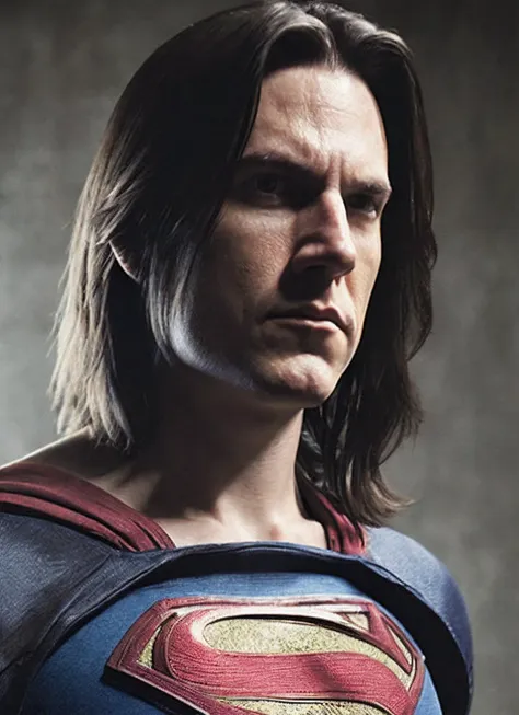 a man in a superman costume with long hair and a cape