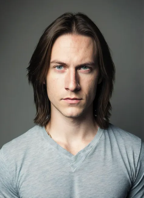 a man with long hair and a grey shirt posing for a picture