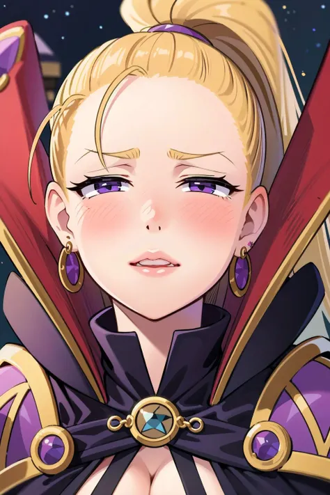 a close up of a woman with blonde hair and a purple cape