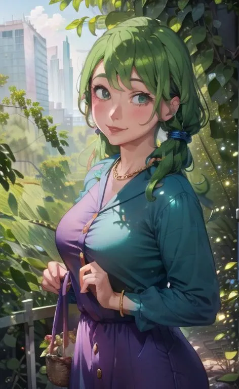 (masterpiece, best quality:1.3),  perfect anatomy, perfect hands, caroline walking up beautiful detailed forest path holding basket full of Camellia leaves, (side veiw:1.5), (full body women), head turn towards viewer, blush blushing, detailed beautiful fa...