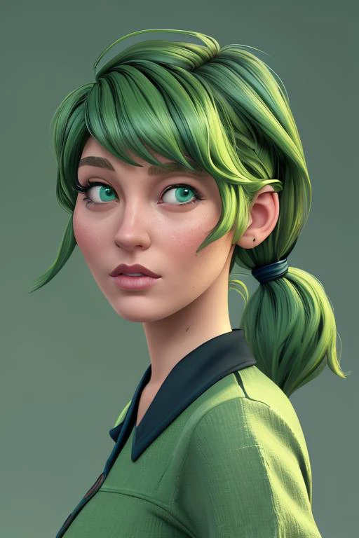 a woman with green hair and a ponytail is looking at the camera