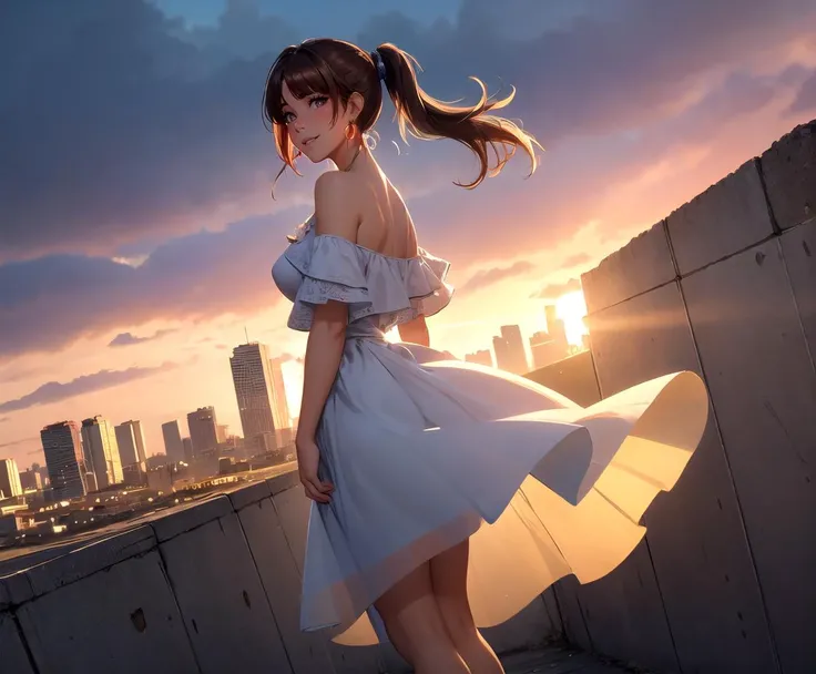 masterpiece, best quality, absurdres, 1girl, solo, woman, (smile:1.1), full face blush,short hair, light brown hair, (ponytail, very long ponytail:1.2) medium breasts, rooftop, detailed background, standing, off-shoulder dress, sleeveless dress, (iridescen...