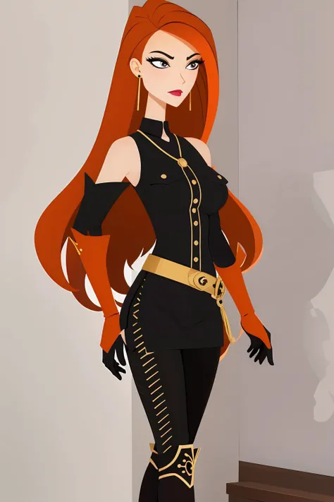 masterpiece, best quality,   <lora:selvaria-nvwls-v2:0.8> black shirt, bare shoulders, detached sleeves, belt, black pants, black gloves, high heel boots,    <lora:6teen_CourtneyMasterson_v1:0.6> courtney_masterson, orange hair, jewelry, earrings, necklace