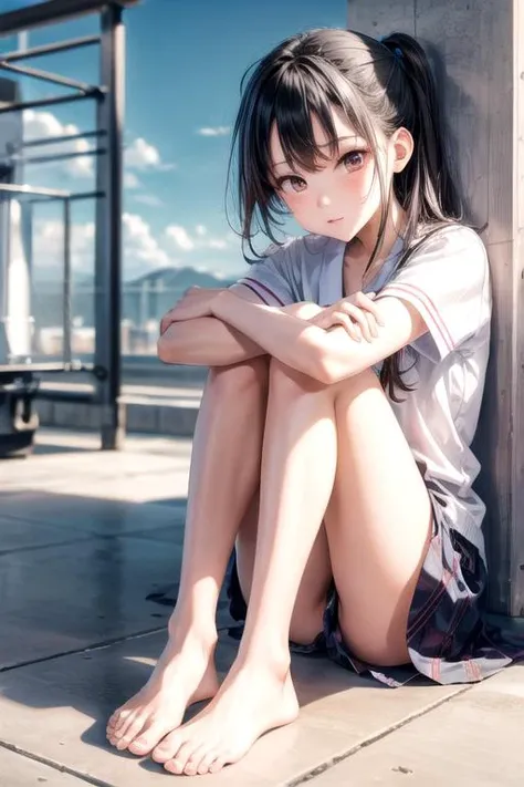 masterpiece, best quality,
1girl, solo,
pajama, 
barefoot, bare feet, toes,
 <lora:hugging_own_legs_v0.3:1> hugging own legs,
 <lora:BetterFeet:1>,
 <lora:add_detail:1>,
 <lora:school_rooftop_v0.1:1> school rooftop