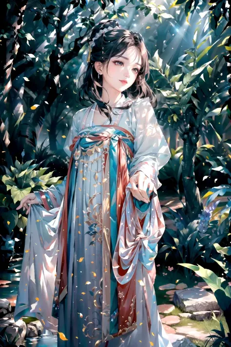 a painting of a woman in a dress standing in a forest