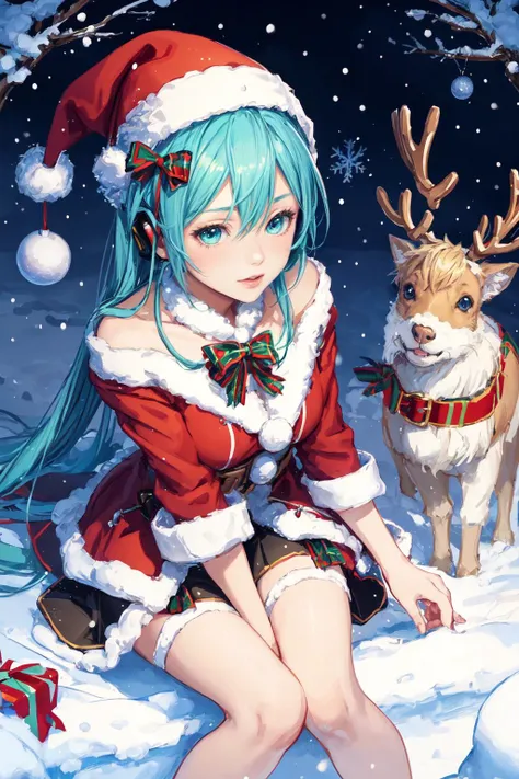 Detailed illustration of Miku from Vocaloid, in Santas workshop at the North Pole. She is surrounded by snow and reindeer, with a magical Christmas feel. The artwork has a soft pastel color palette and intricate details. (Digital painting, concept art), <l...