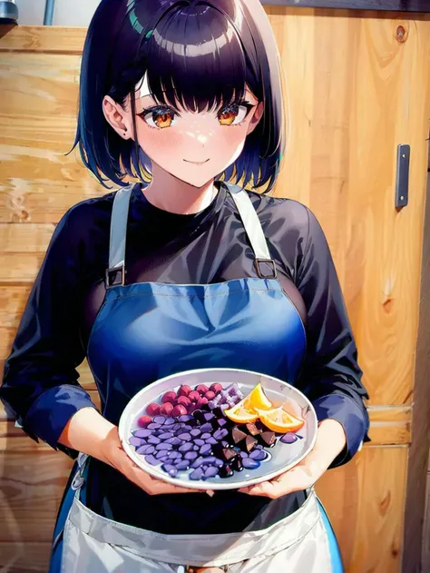 ((((1girl)))), solo, white apron, black shirt, black hair,short hair, brown eyes, :), holding plate, (four fruit soup) in bowl, bowl on plate, food, upper body,  food focus<lora:Minnan Foods 2.0:1>