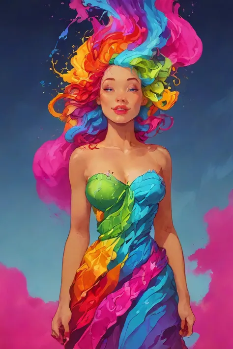 a painting of a woman with colorful hair and a dress