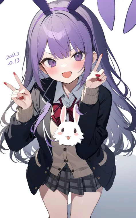 anime girl with purple hair and rabbit ears holding a white rabbit