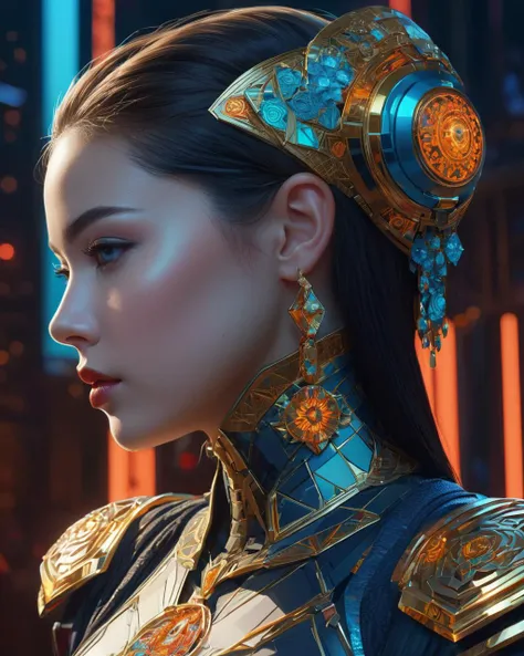 Ultra detailed beautiful female android, side portrait, sharp focus, highly detailed vfx portrait, geometric shapes, global illumination, by james jean and moebius and artgerm and liam brazier and victo ngai and tristan eaton. vector art, digital illustrat...