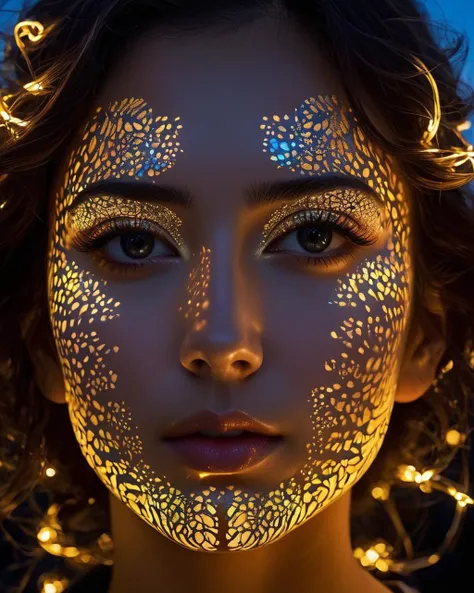 a woman with gold face paint and a gold chain around her neck