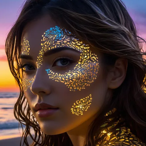 a woman with gold face paint on her face and body