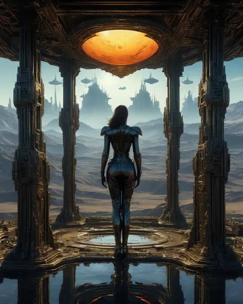 oil painting capturing a vision of the future as interpeted in the styles of beksinski, giger, and william eggleston, showcasing reflection in chrome and glass, science fiction theme, intricate artwork masterpiece, matte painting resembling a movie poster,...