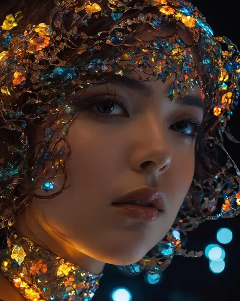 a close up of a woman wearing a headdress with a lot of lights on it