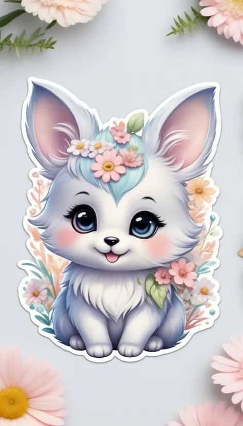 Sticker of a cute, round little animal with big, sparkling eyes and a gentle smile on its face. It has soft, pastel-colored fur. The small critter is surrounded by dainty, heart-shaped flowers in complementary pastel shades, adding to the stickers overall ...