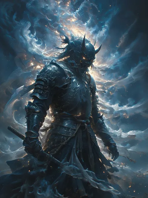 a man in armor standing in front of a dark sky