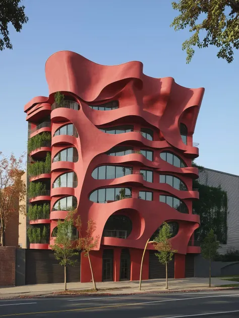 arafly designed building with a red facade and curved windows