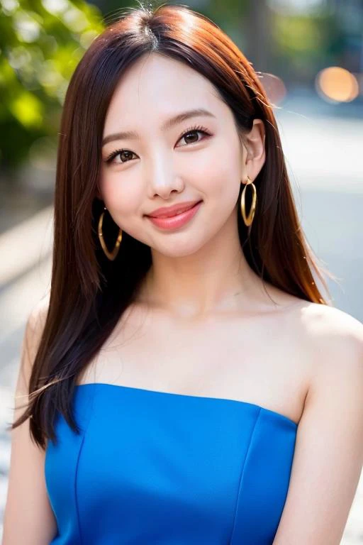 1girl,photo of nytwnayeon,earrings,best quality,(detailed face:1.4),(looking at viewer:1.4),shiny skin,smile,beautiful city background,best wallpaper,(sun lighting:1.2),((random perspective)),low angle,upper body, <lora:nayeonfinal:0.7>