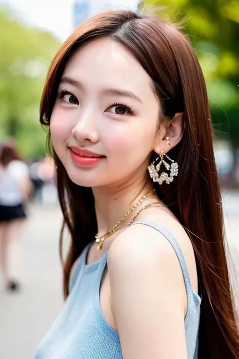 1girl,photo of nytwnayeon,earrings,best quality,(detailed face:1.4),(looking at viewer:1.4),shiny skin,expressionless,beautiful city background,best wallpaper,(sun lighting:1.2),((random perspective)),low angle,half body, <lora:nayeonfinal:0.7>