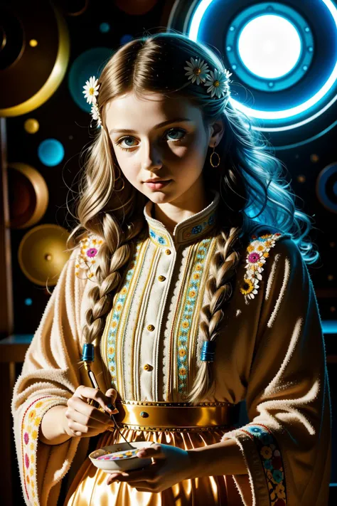 1girl, (art by Emily Balivet:0.9) and (Andreas Levers:0.8) and (Charles Ellison:1.1) and (Albert Edelfelt:0.7) , colorful art, mundane Cycles render, fairy tale, POV shot of a Arte Povera Dusty petite Ukrainian (Female Baker of Doom:1.3) , she has Hellenis...