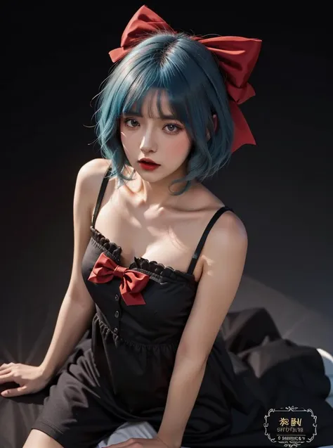 8k, highly detailed, beautiful woman, cover art,
<lora:back_hair_bow-SD-1.0:1> king blue (hair bow),
dark red hair (Choppy Bob),
shift dress,
simple background,
from above,
supine,
naughty_face