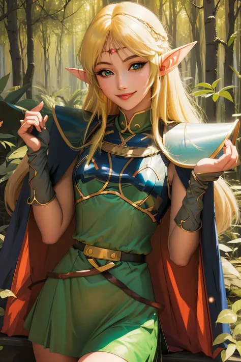 high resolution, masterpiece, high quality, perfect face,  <lora:Deedlit:.8>, Deedlit, tunic, breastplate, cape, long blonde hair, elf ears, circlet, smiling, retro anime style, gloves, forest background