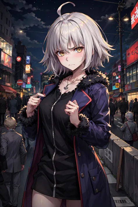 anime girl in a black dress and coat standing on a city street