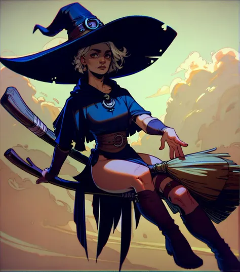 witch sitting on a broom with a broomstick in her hand