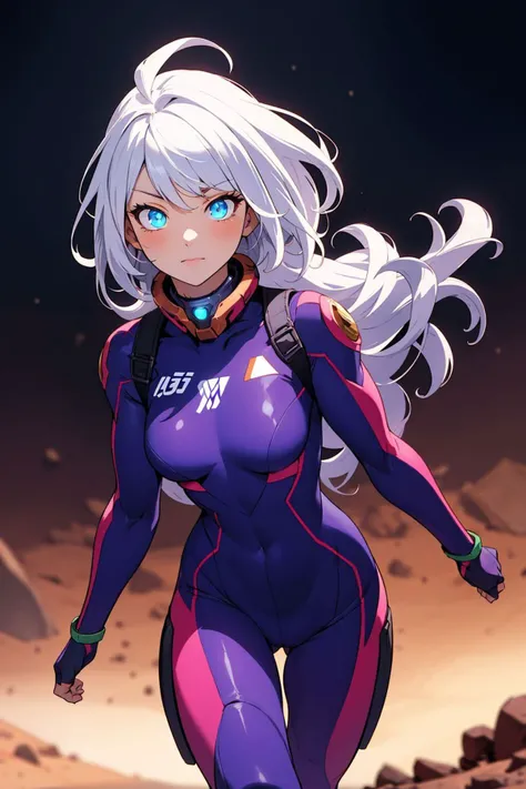 masterpiece, best quality, (depth of field:1.2), blurry background, (on mars:1.2), neon, purple star (sky), hero, ice mountain,
1girl, (full body:0.6), bodysuit, white hair, long hair, glowing eyes, ice blue eyes, (ice:1.2), ninja, power, (peek pussy:0.8)