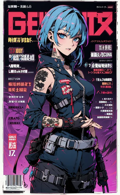 Defaults17Style,magazine cover, limited edition hardback manga, page guide, specials, cyber enhanced gangster,japanese tattoos, <lyco:Defaults17Style v2:0.75>