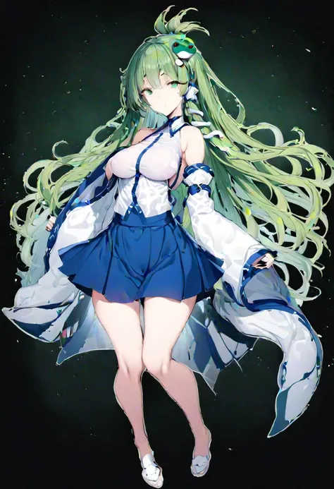 masterpiece, best quality, ultra-detailed, beautiful, nai3, 1girl, solo, full_body, tachi-e, 
((kochiya_sanae)):2, long_hair, green_hair, green_eyes, bare_shoulders, detached_sleeves, shirt, frog_hair_ornament, hair_tubes, snake, snake_hair_ornament, long_...