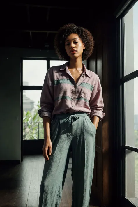 a woman standing in front of a window wearing a pink shirt and green pants