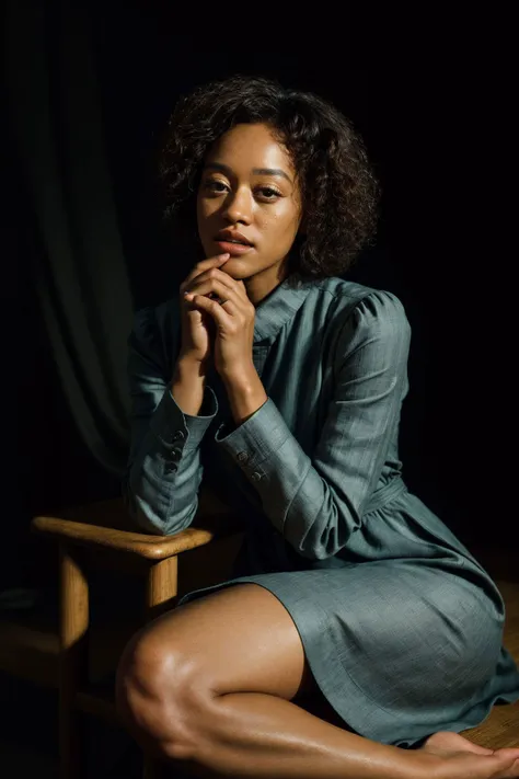 a woman sitting on a chair in a dark room