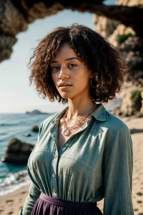 a woman standing on a beach with a necklace and a dress