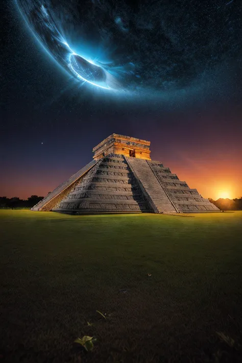 a large pyramid in the middle of a field with a bright moon in the background