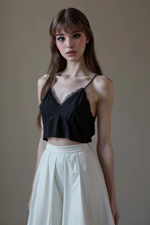 a woman in a black top and white skirt posing for a picture