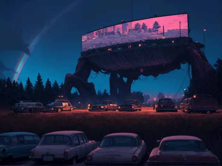 breathtaking masterpiece, thick outlines, Simon Stålenhag style, Stalenh4g, Overgrown (Drive In Theater), old cars in parking lot facing movie screen, Action movie projected on the big screen, distant glow of advertisements and holograms, small town Americ...