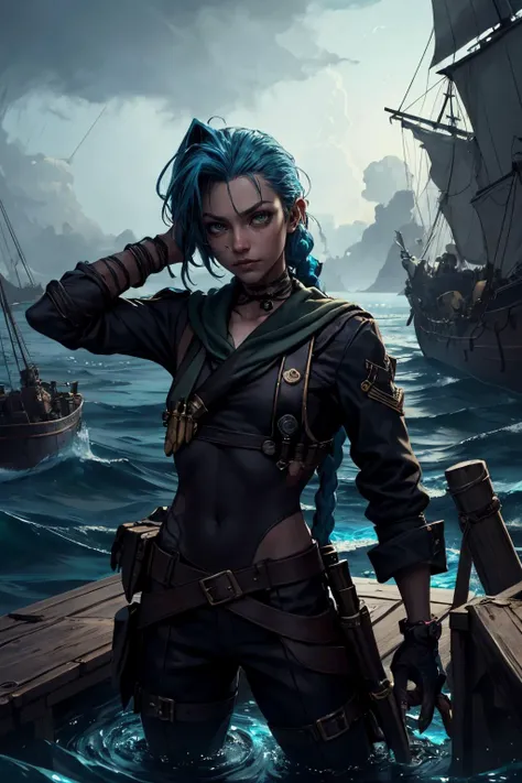 <lora:JinxLol:1.00>, jinxlol , Style-GravityMagic, focus on character, portrait, (battlescars:0.7), looking at viewer, solo, (full body:0.6), detailed background, (naval marine military theme:1.1), cursed sailor, (dark:0.8) skin, simple green privateer sai...