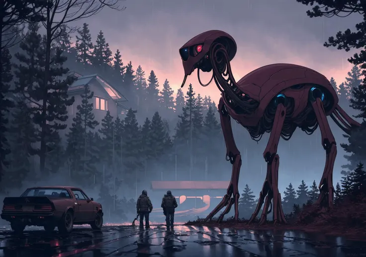 breathtaking masterpiece, Simon Stalenhag style, (dark red) neon light trails, American Suburbs, detached housing, Trans Am in driveway, asymmetrical blocking, cold and wet, sunrise theme, ((large shambling timid lonely cycloptic alien:robotic tripod creat...