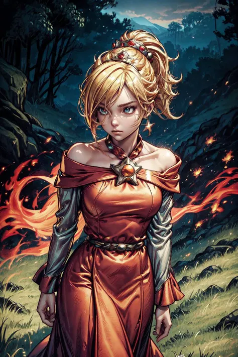 thick outlines, comics, photorealistic, 1girl, solo, fireball, fire magic, <lora:RosalinaV3:0.9>, IncrsRsln, blonde hair, hair over one eye, RslnFF, ponytail, crown, (red dress), bare shoulders, off-shoulder dress, long sleeves, kingdom, grass, detailed ba...