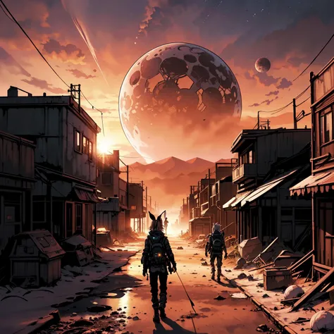 Tiny Tina, ultrarealistic, wearing bunny ears, post apocalyptic comic book setting, alien planet science fiction, walking away towards sunset, (alone), silhouette, late sunset  <lora:TinyTina:0.7>