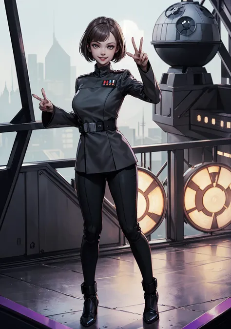 ((best quality, masterpiece:1.2), star wars theme, 8k detailed photo),  AIDA_MeikaWoo2023, Gorgeous Star Wars Imperial death star gunner, all black uniform,  ((full body leaning against railing selfie)), (peace sign), (slender build, action pose), (death s...