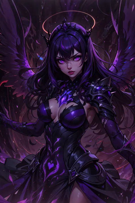 best quality, masterpiece,

beautiful, linework, thick outlines, strong shadows, upper body, tentacles, 1 girl, (dynamic pose:1.2), purple halo, queen of the void, void, black hair, long hair, mid parted hair, streaked hair, purple glowing eyes, voidbound,...