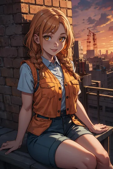 a woman sitting on a ledge with a city in the background