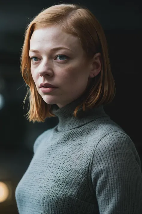 A stunning intricate full color portrait of sarahSn1 , wearing a light gray turtleneck, epic character composition, by ilya kuvshinov, alessio albi, nina masic, sharp focus, natural lighting, subsurface scattering, f2, 35mm