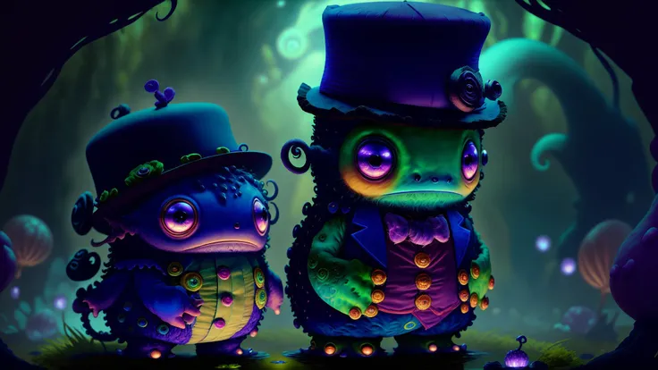 <lora:style-KonyCuteCreatures:1> <lora:epi_noiseoffset2:1> cu73cre4ture cute (green:1.2) blue purple cthulhu moss monster (wearing a bowler hat and suit:1.3) in a swamp, tentacles, moonlit night, glowing plants, insane details, intricate details, extreme d...